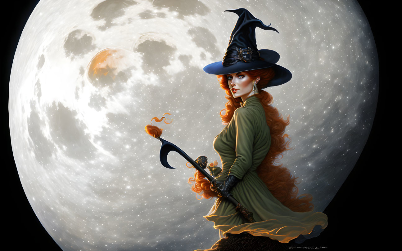 Illustrated witch with ornate hat and staff under full moon