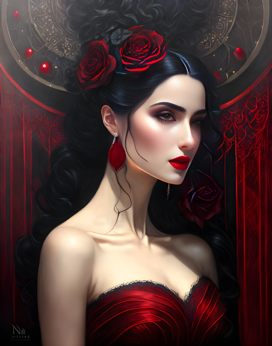 Illustrated portrait of woman with pale skin, dark hair, red roses, earrings, red dress,