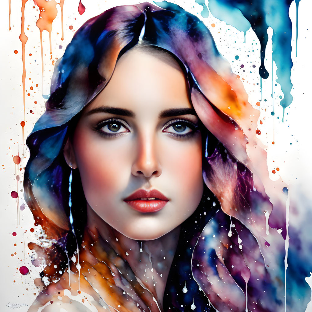 Colorful digital portrait of a woman with intense eyes and melting paint effects