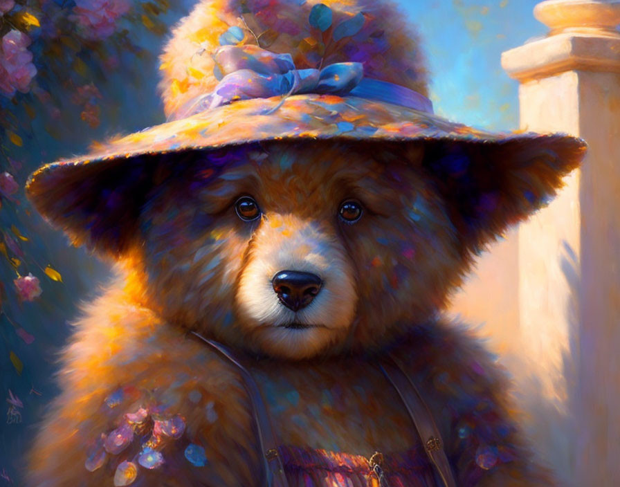 Fluffy bear with stylish hat in whimsical floral painting