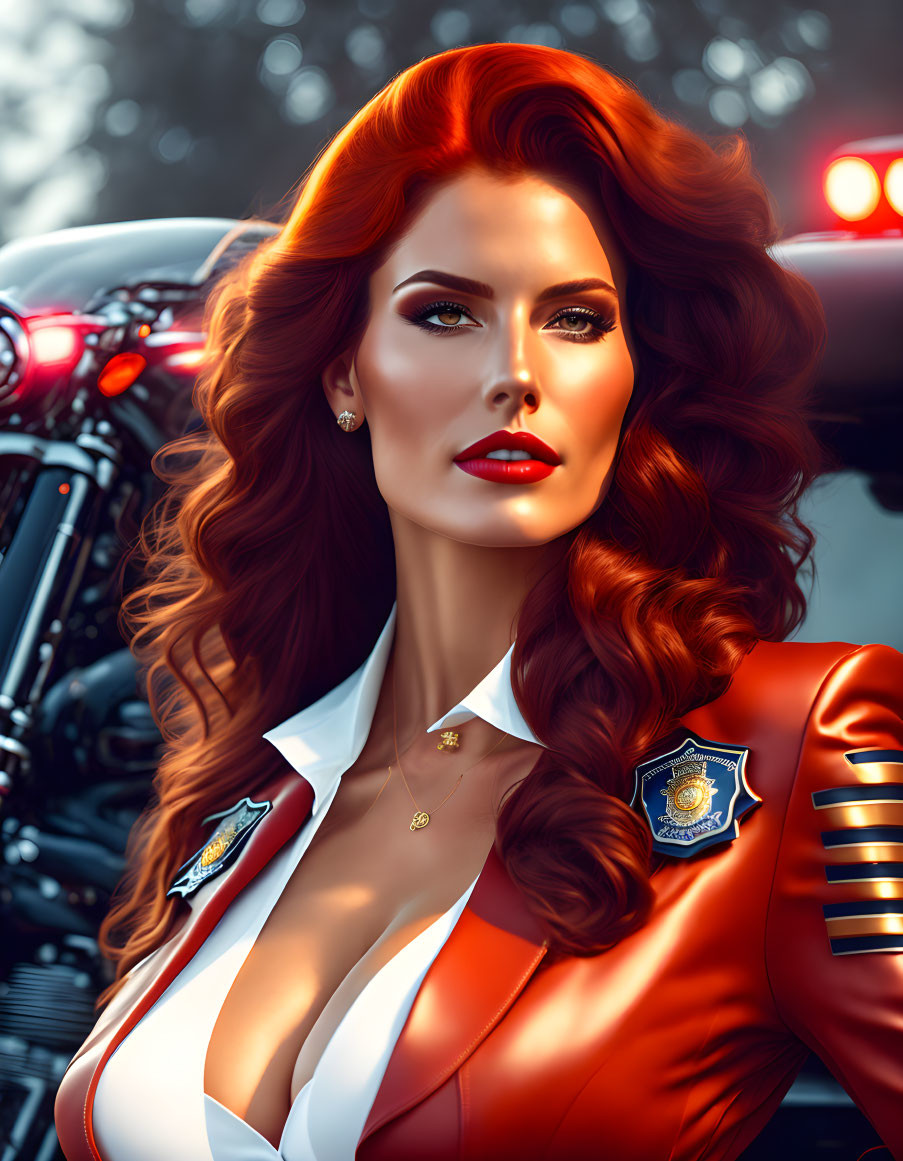 Red-haired woman in police uniform with badge posing confidently in front of motorcycle.