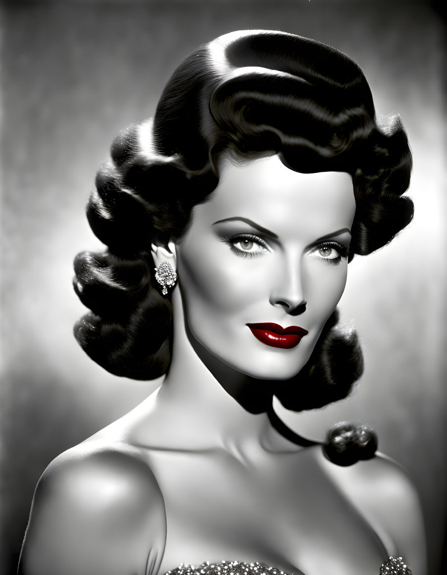 Monochrome portrait of woman with curly hair and red lips