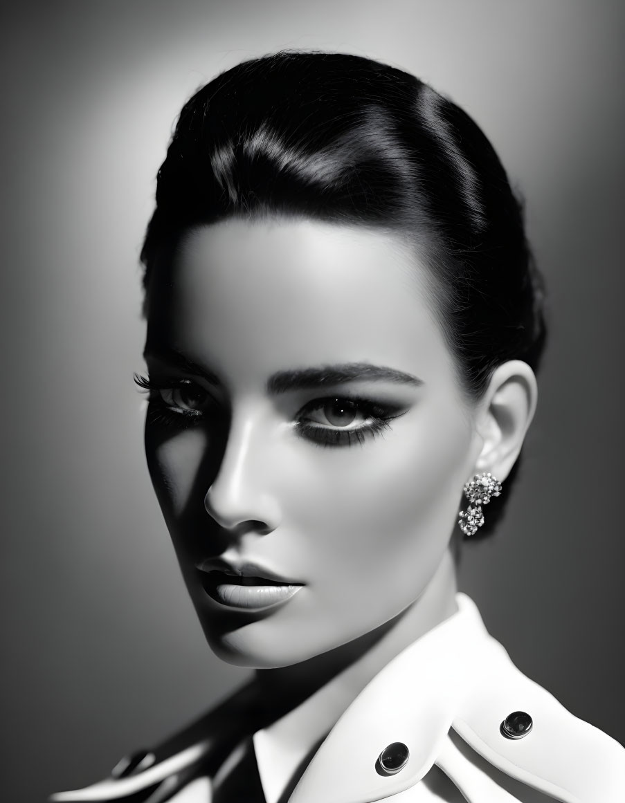 Monochrome portrait of woman with elegant makeup wearing coat and earring