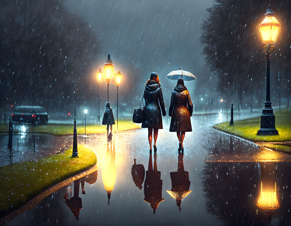 Nighttime scene: Two individuals walking under umbrella on rainy, illuminated street.