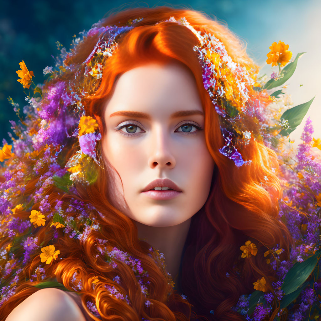 Vivid red-haired woman with floral wreath on dreamy blue background