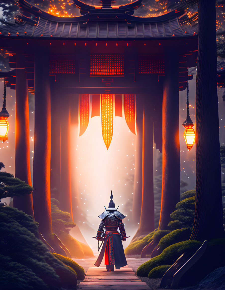 Samurai at traditional gate in misty forest with lanterns