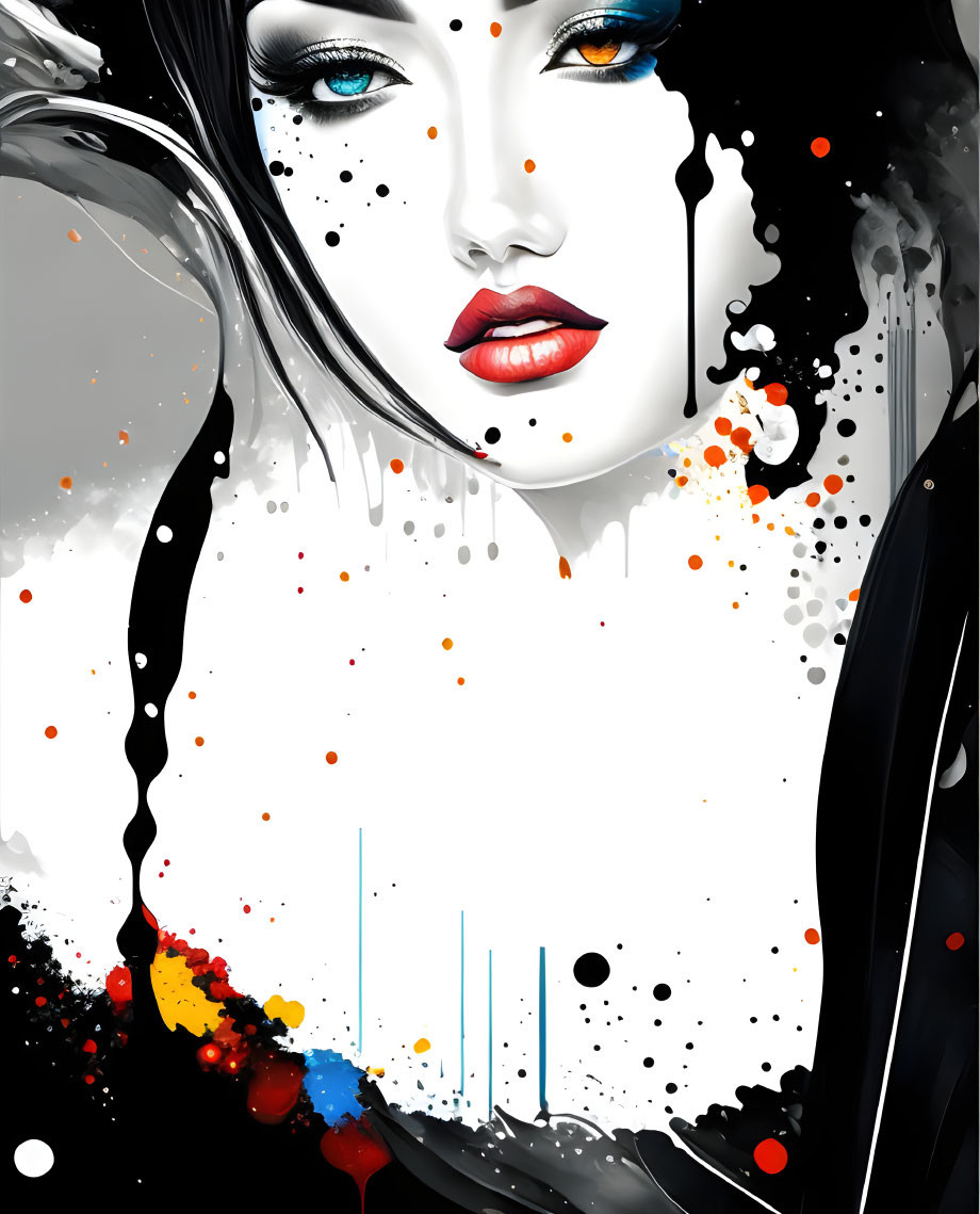 Digital Artwork: Woman with Pale Skin, Red Lips, Blue Eyeshadow