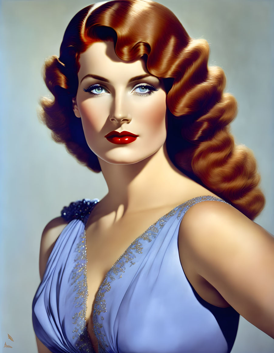 Vintage-Style Portrait of Woman with Wavy Red Hair and Bold Red Lipstick