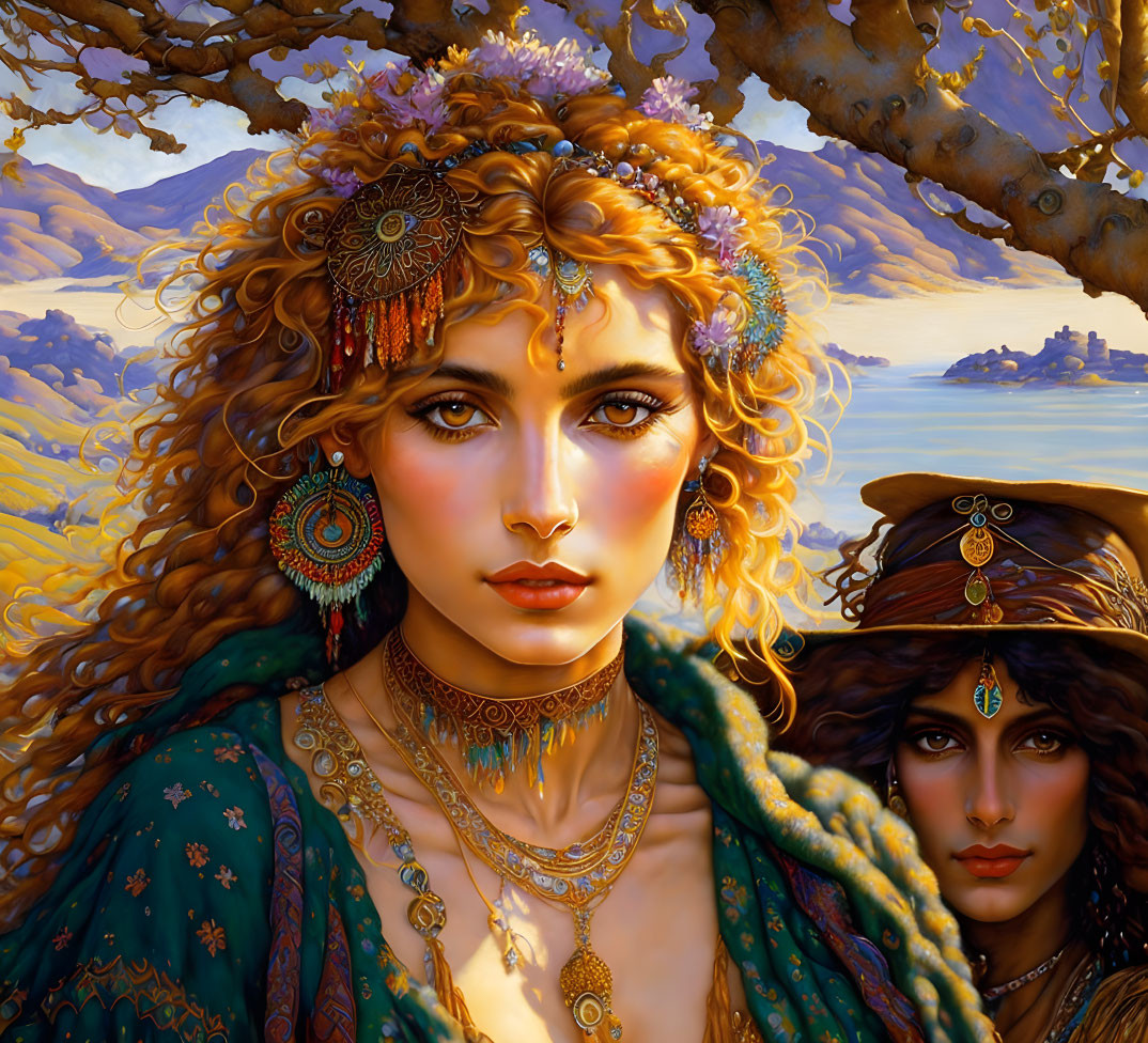 Fantasy artwork: Two women with gold jewelry and intricate hairstyles by golden tree and blue waters