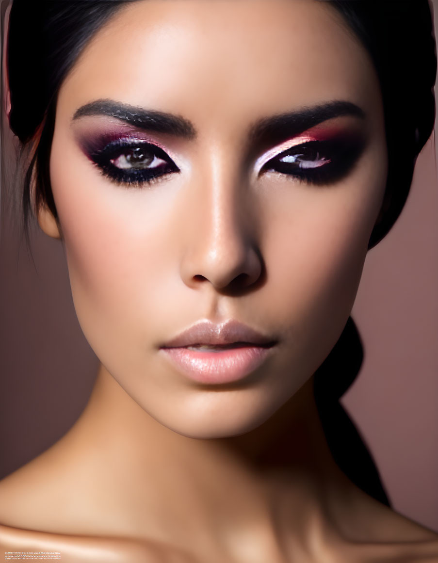 Woman with dramatic eye makeup: dark eyeliner and pink eyeshadow.