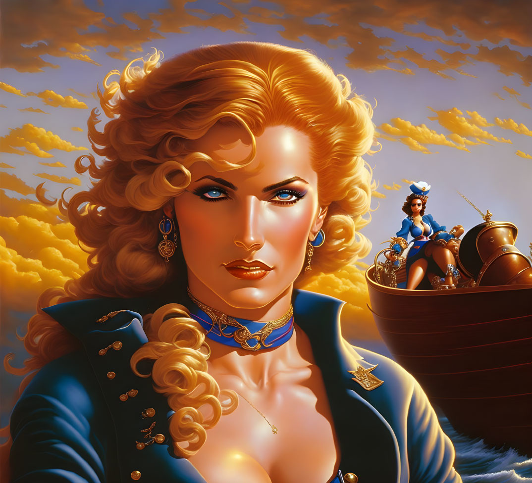 Blonde Woman Portrait in Blue Jacket Under Golden Sky