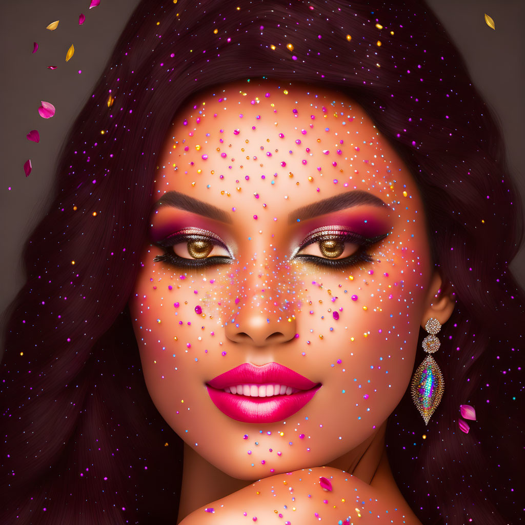 Vibrant makeup and sparkling adornments on woman in digital portrait