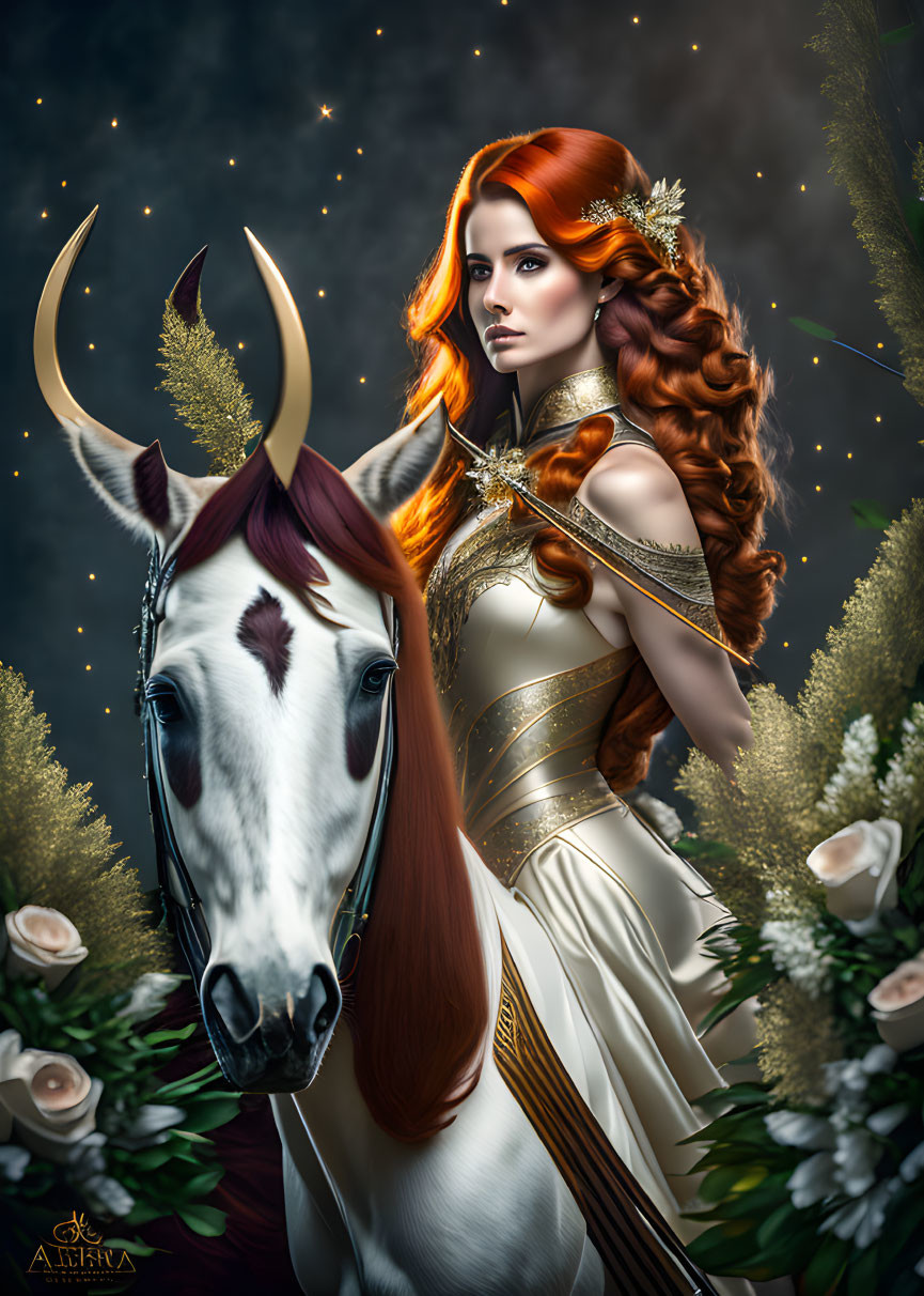 Digital artwork of woman with red hair in gold-trimmed dress with crown, posing with white horse