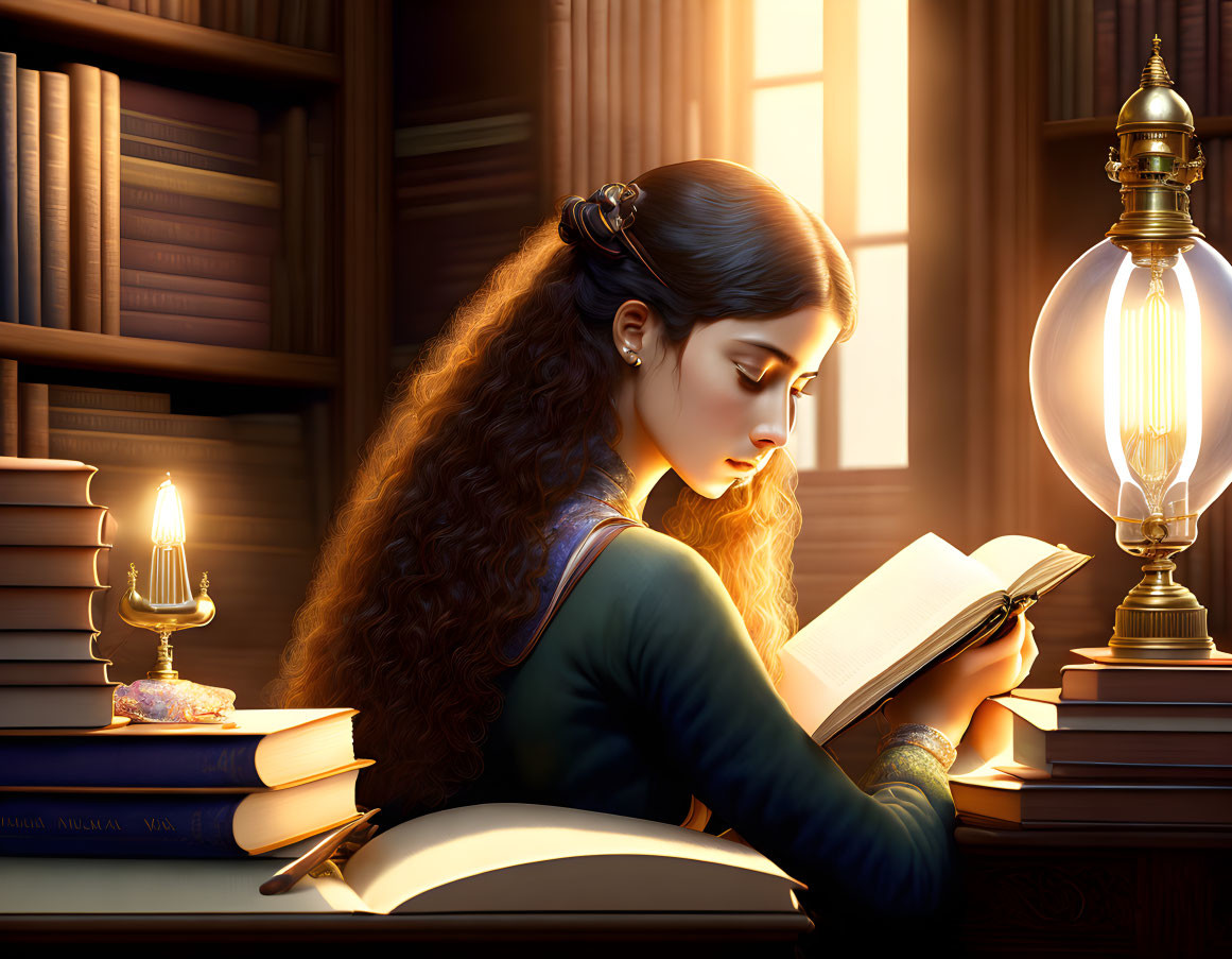 Woman Reading Book in Cozy Library with Warm Lamp Light