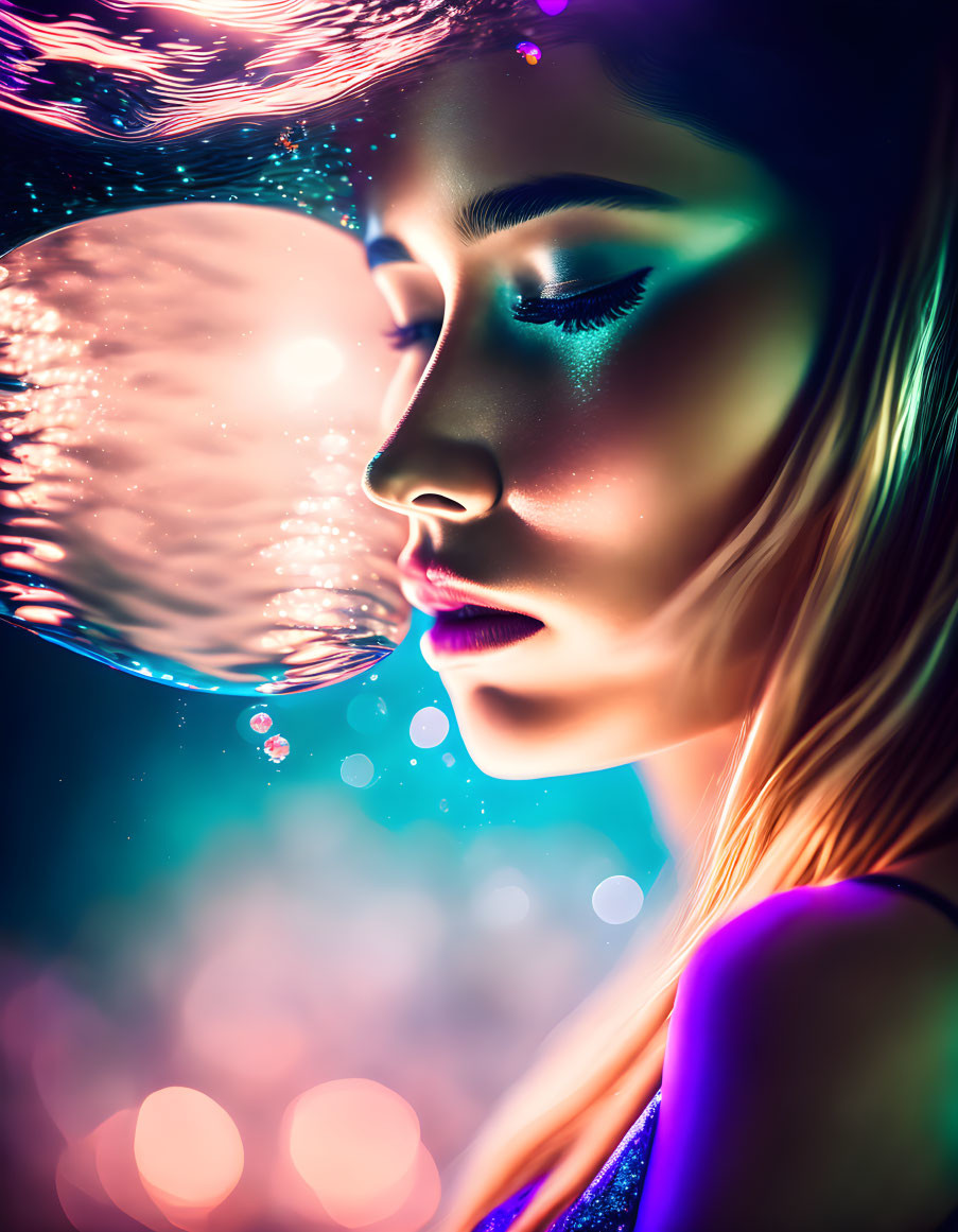 Colorful Lighting Surrounds Dreamy Woman with Bubbles