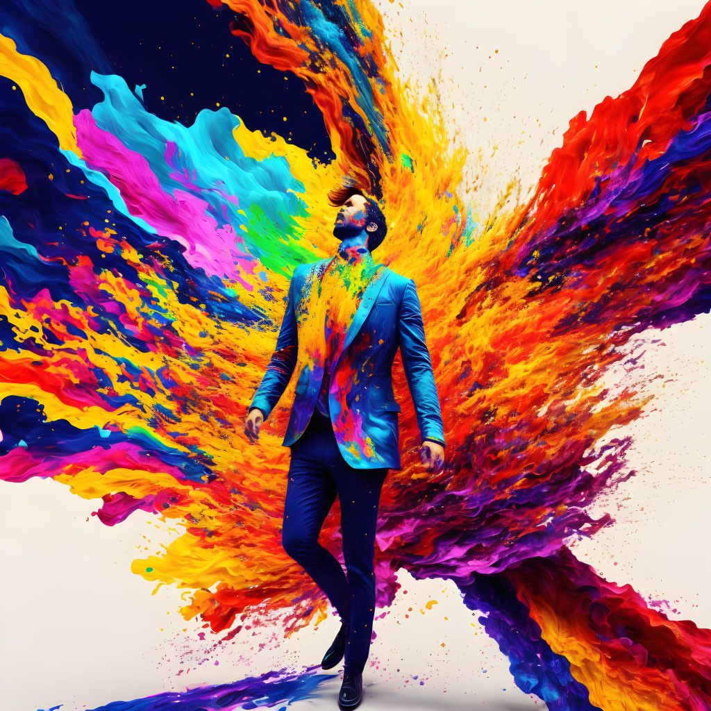 Man in suit surrounded by vibrant paint-like swirls on white background