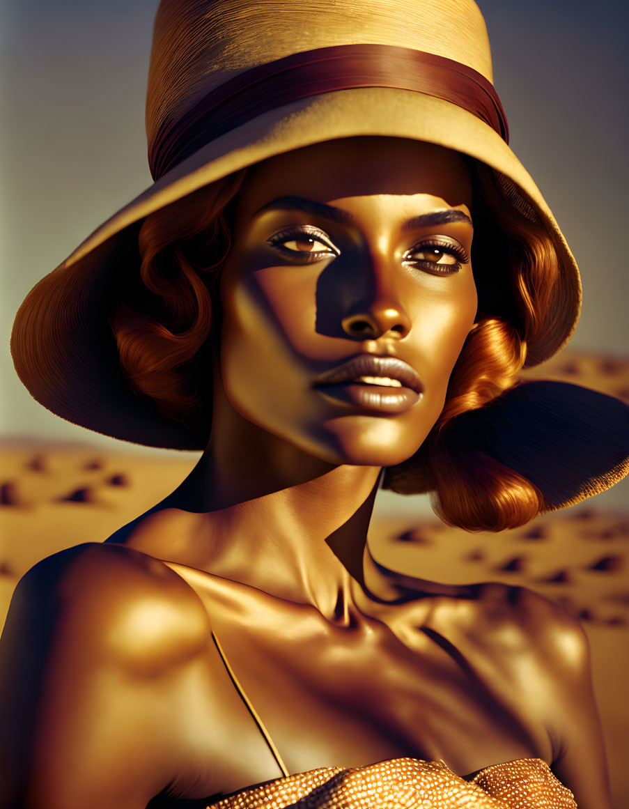 Woman in wide-brimmed hat with wavy hair in desert landscape at golden hour