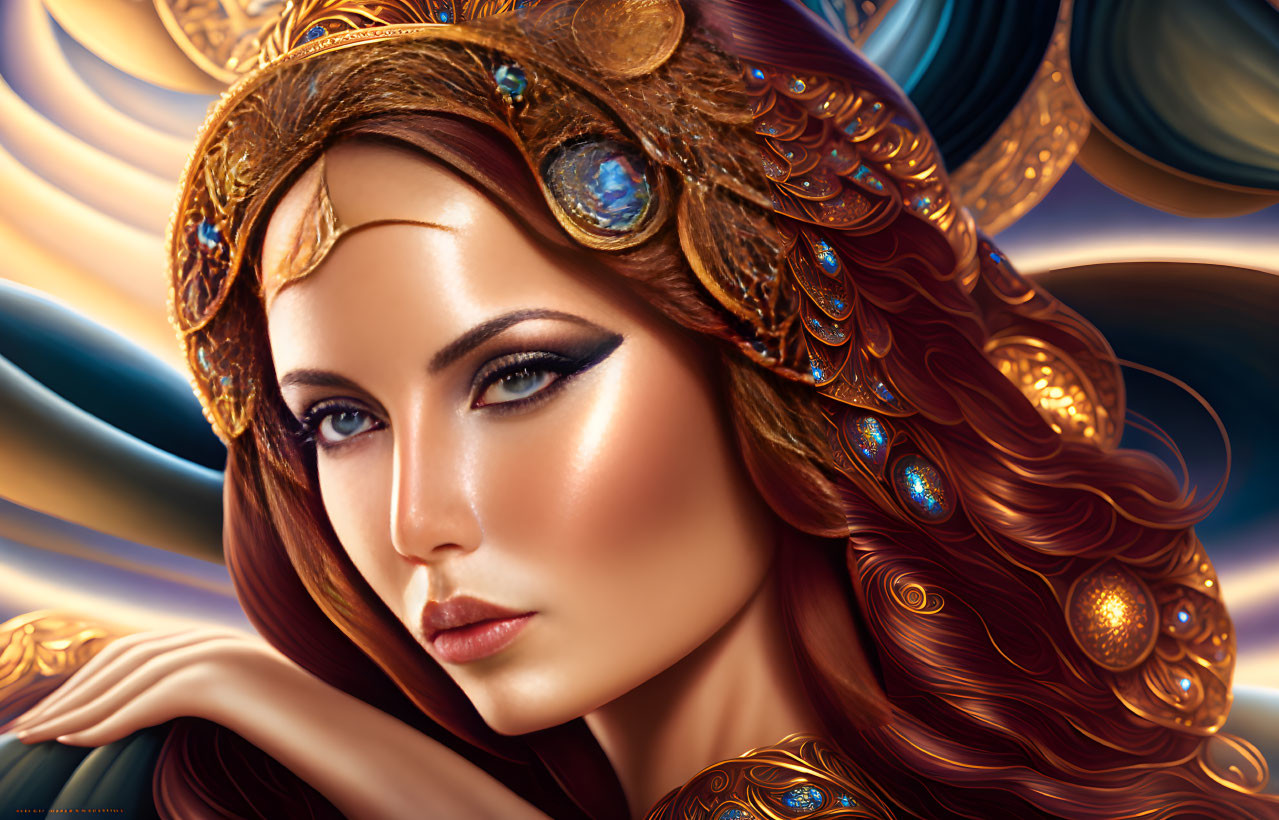 Striking digital portrait of a woman with golden headpiece on abstract swirl background