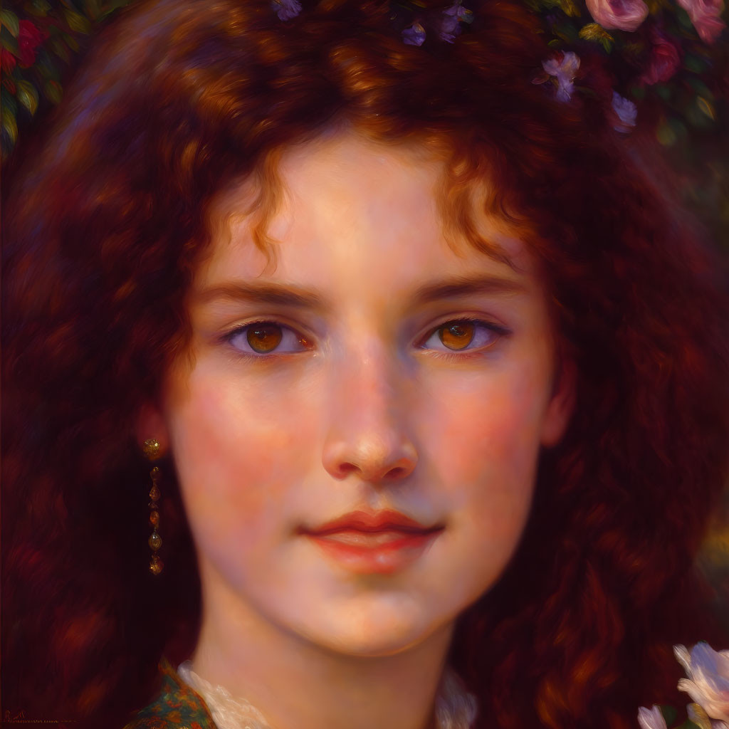 Young woman portrait with floral crown and red curls in green attire symbolizing serene classic beauty