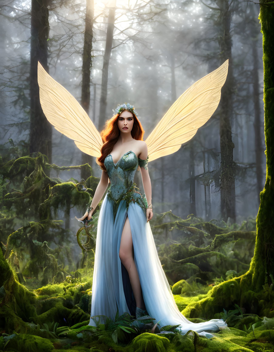 Fantasy woman with wings in misty forest wearing crown and holding staff