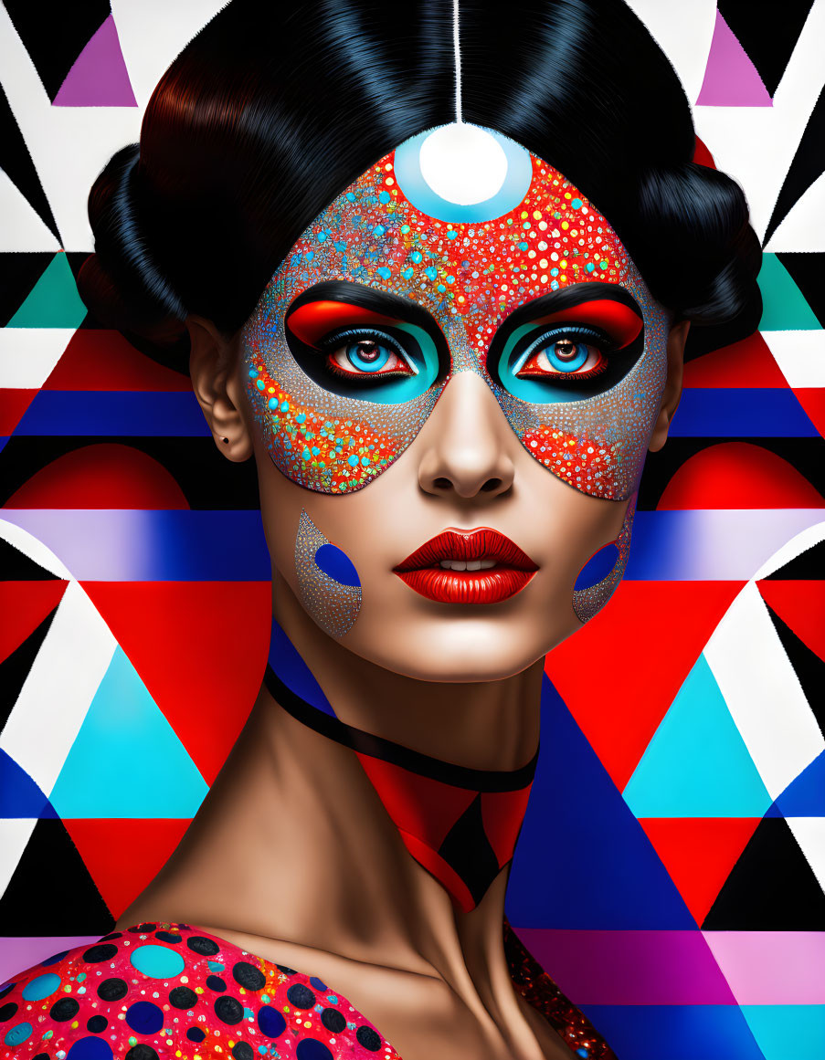 Colorful Geometric Face Makeup on Woman Against Abstract Background