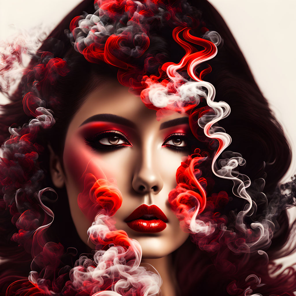 Stylized portrait of woman with red and white swirls, bold makeup