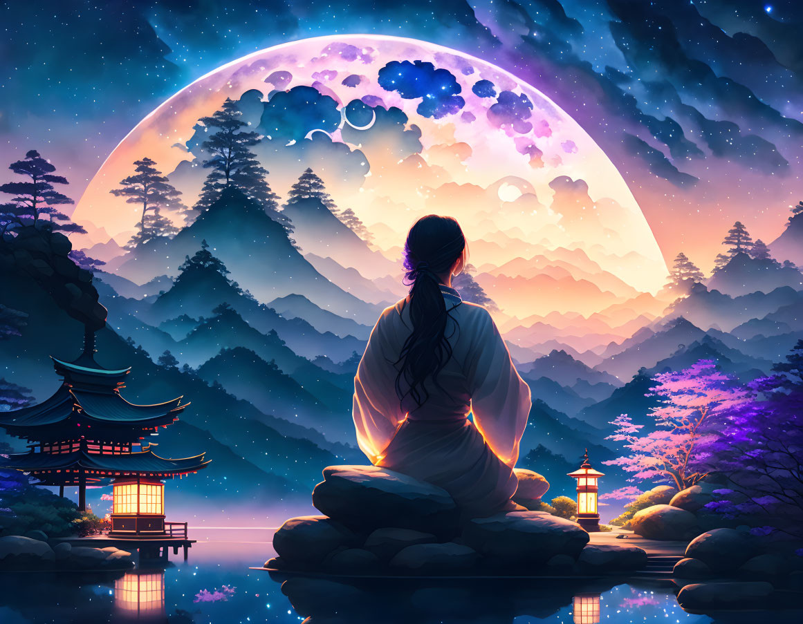 Person sitting on rock with pagoda, pine trees, and moon in serene landscape