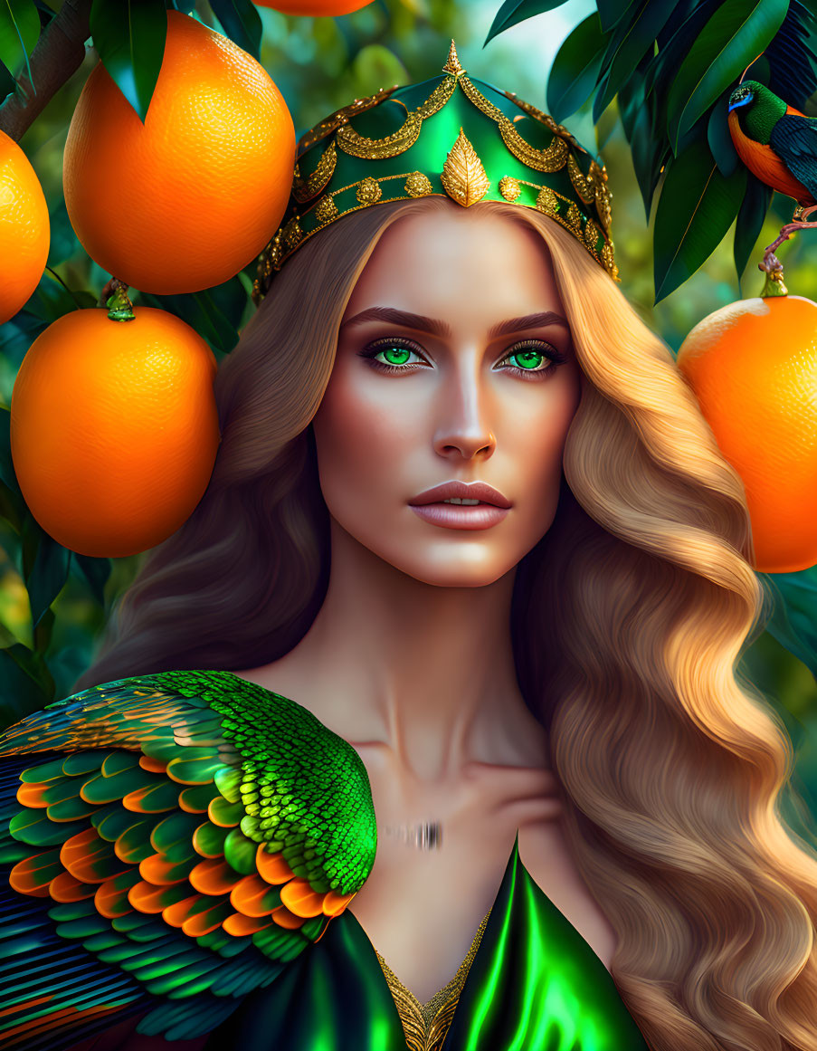 Woman with Golden Hair and Green Eyes Wearing Crown Surrounded by Fruits and Bird in Lush