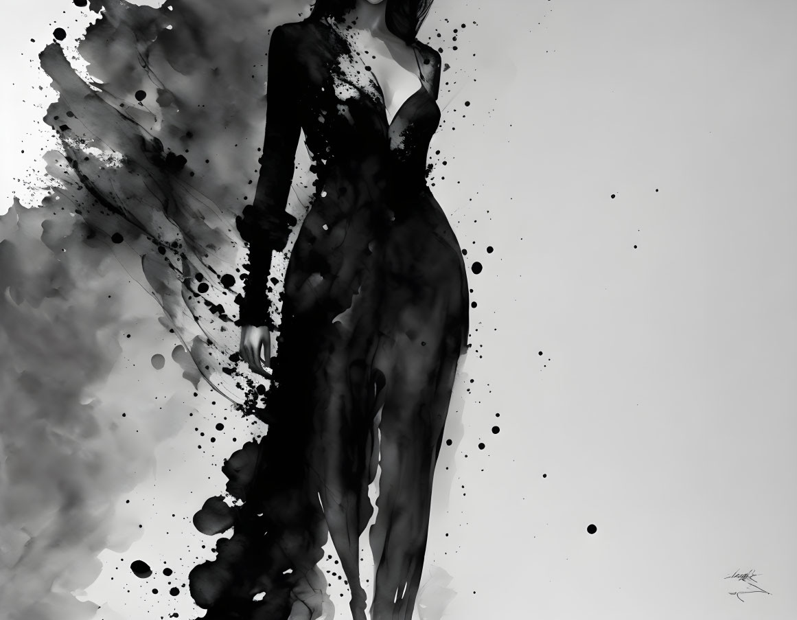 Abstract black ink splashes merge with woman's silhouette on white background