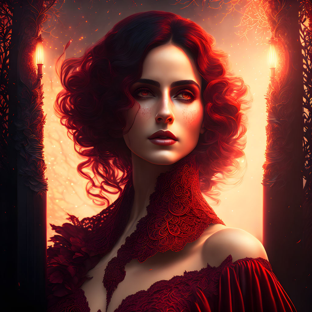 Digital artwork featuring woman with red hair, fair skin, surrounded by red glow and candlelight, intricate