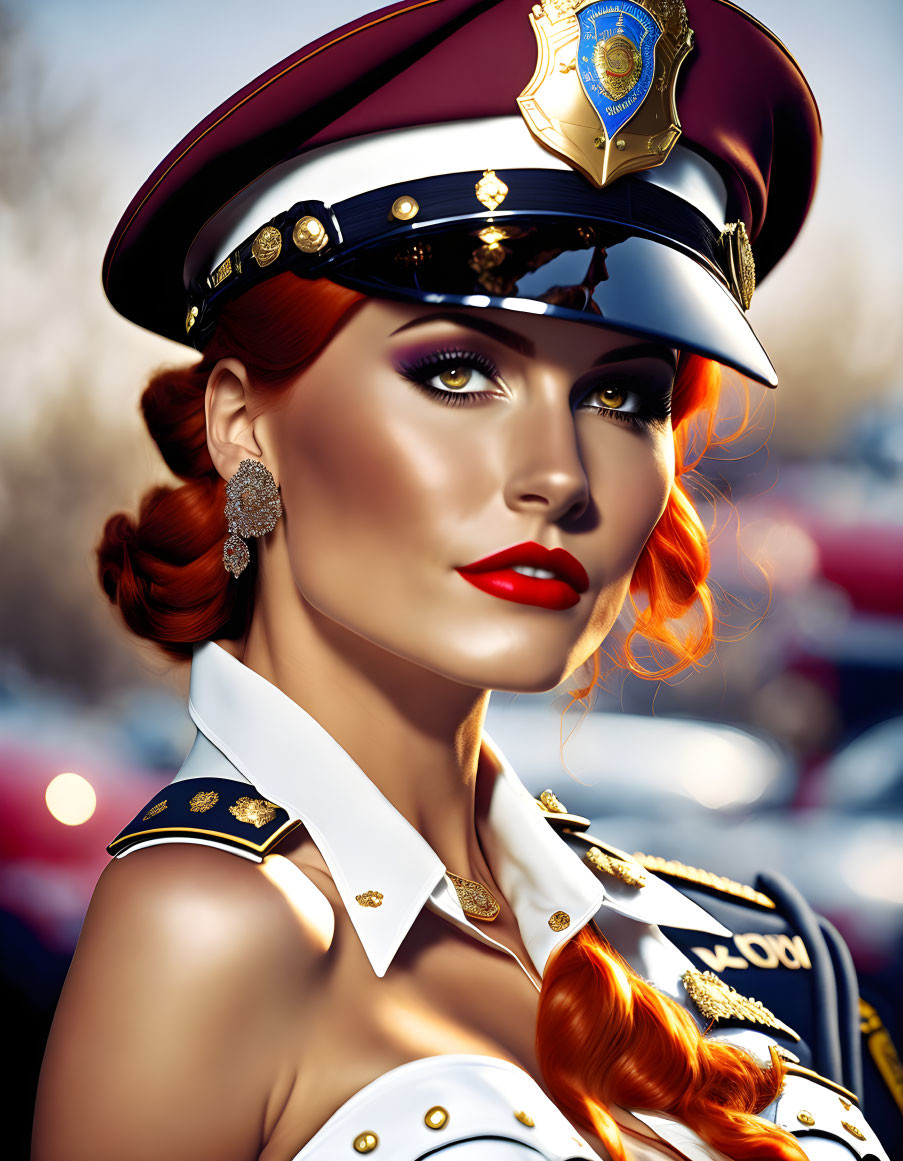 Stylized image of woman in striking makeup and police-style uniform