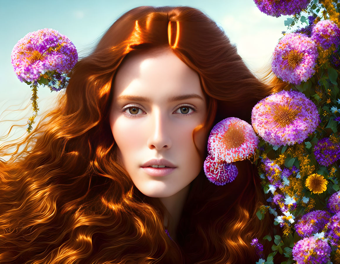 Digital artwork featuring woman with red hair among vibrant flowers