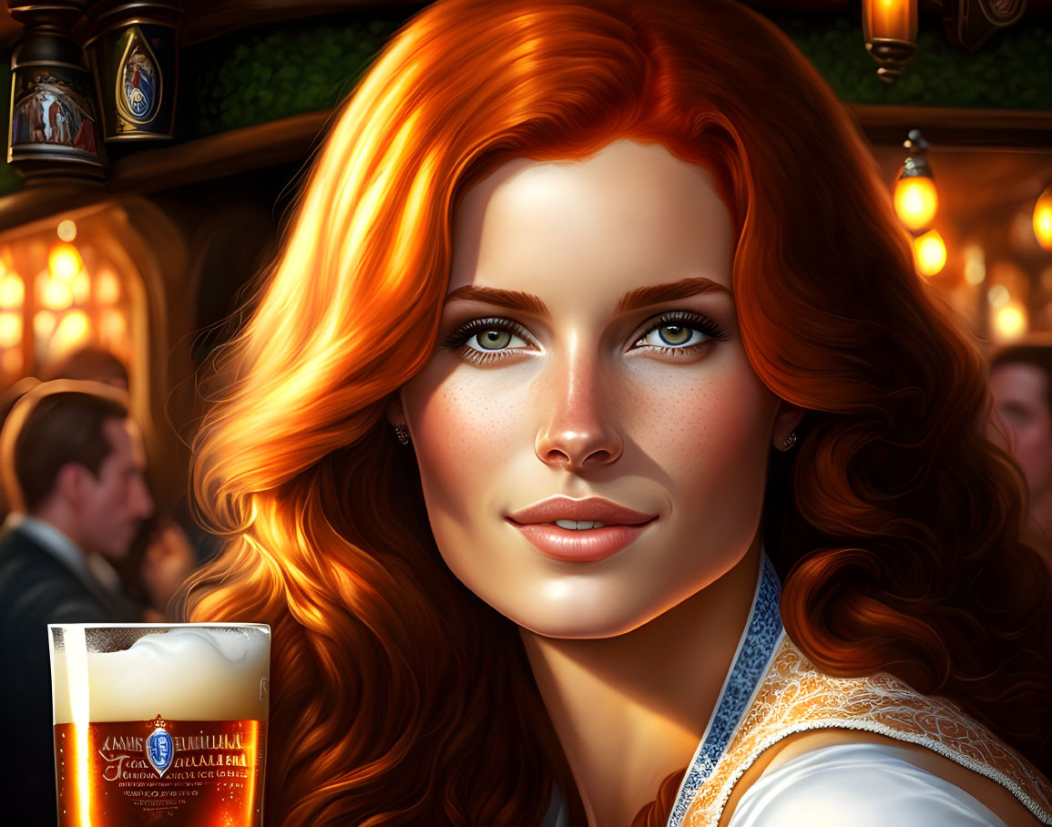 Photorealistic digital painting of woman with red hair and blue eyes in bar scene