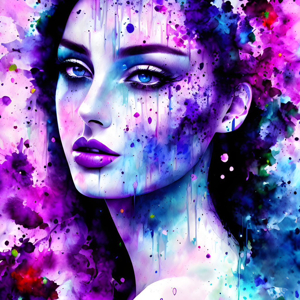 Colorful Ink Blending Portrait of Woman in Purple Tones