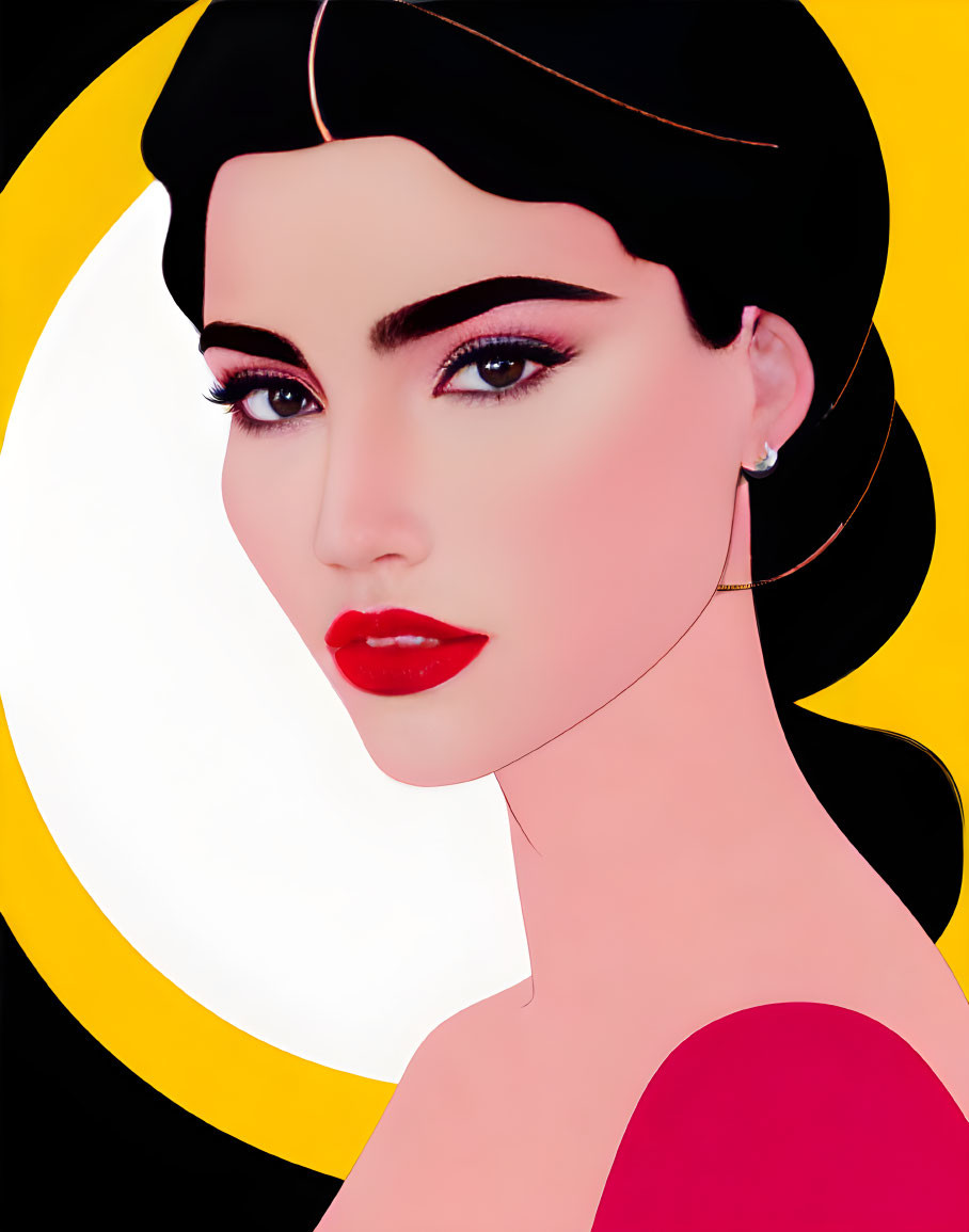 Dark-haired woman with red lips and hoop earrings on yellow-black background