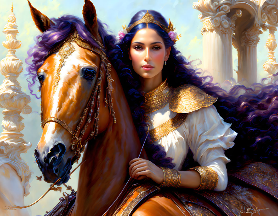 Regal woman in golden armor on horse near classical columns