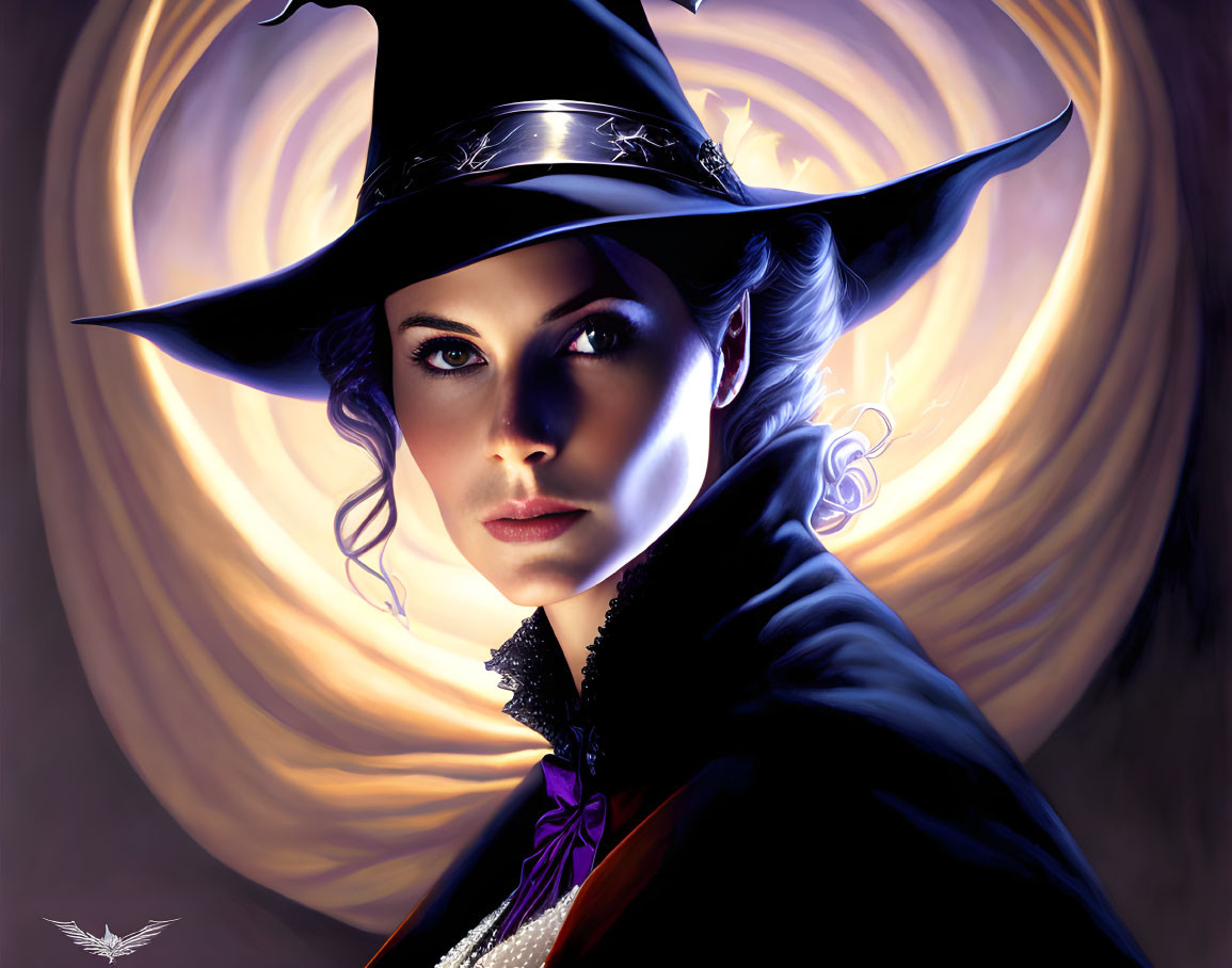 Digital artwork of woman in witch costume with pointed hat on crescent moon backdrop