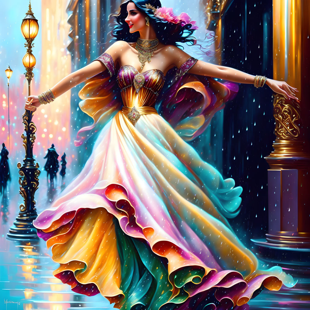 Colorful digital artwork of a woman dancing in city street snowscape