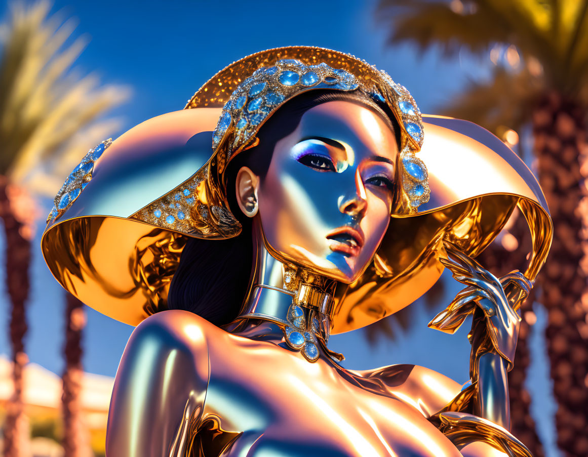 Female Android with Gold Headdress Amid Palm Trees