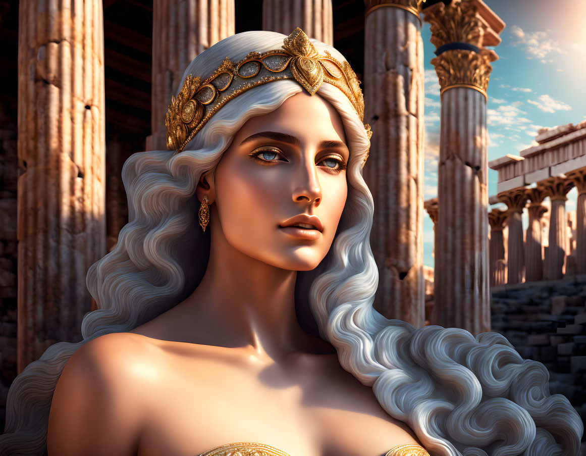 Regal woman with silver hair and golden crown in front of ancient temple columns