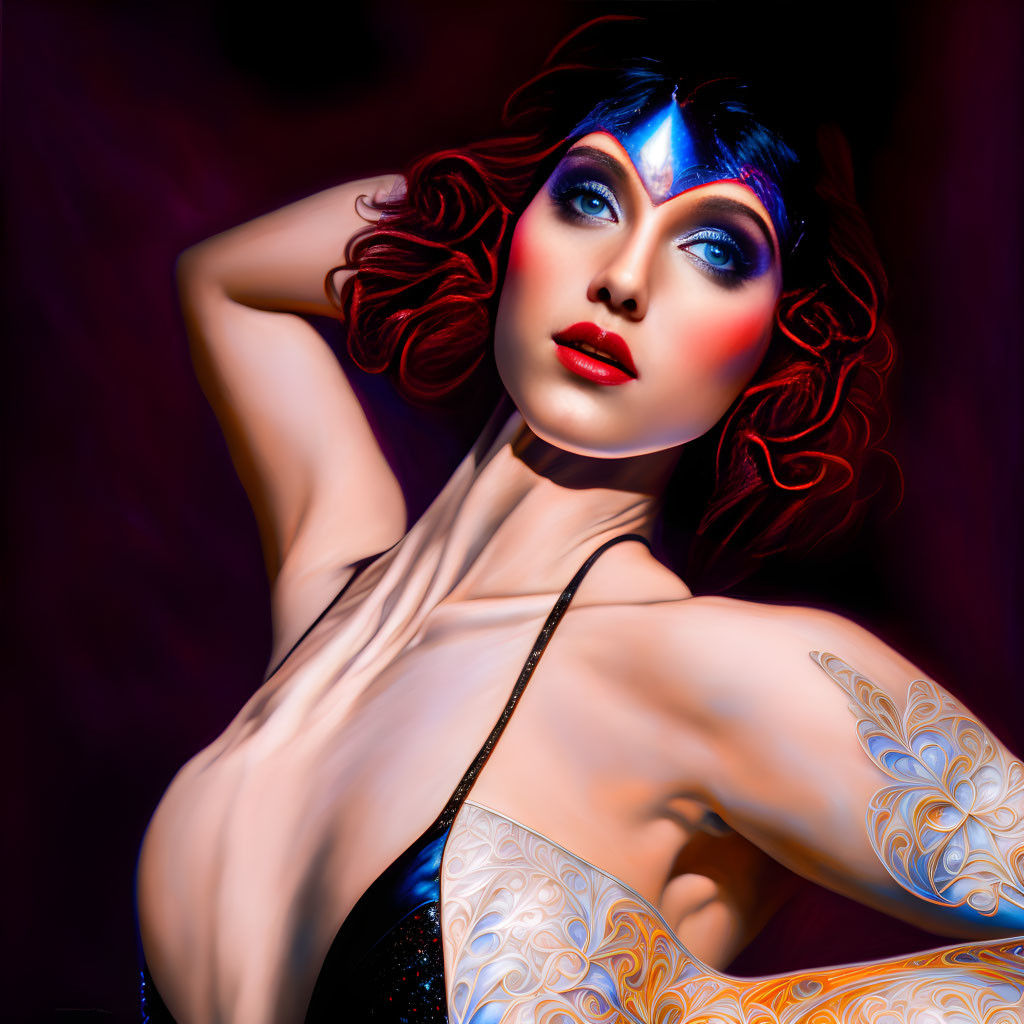 Woman with artistic makeup and body paint featuring vibrant red hair and colorful wings