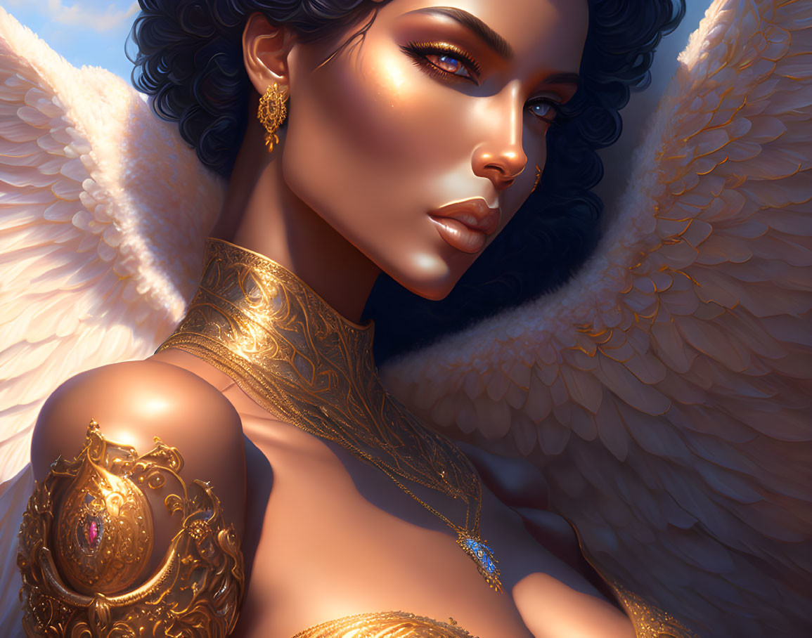 Woman with Angel Wings and Golden Jewelry Illustration