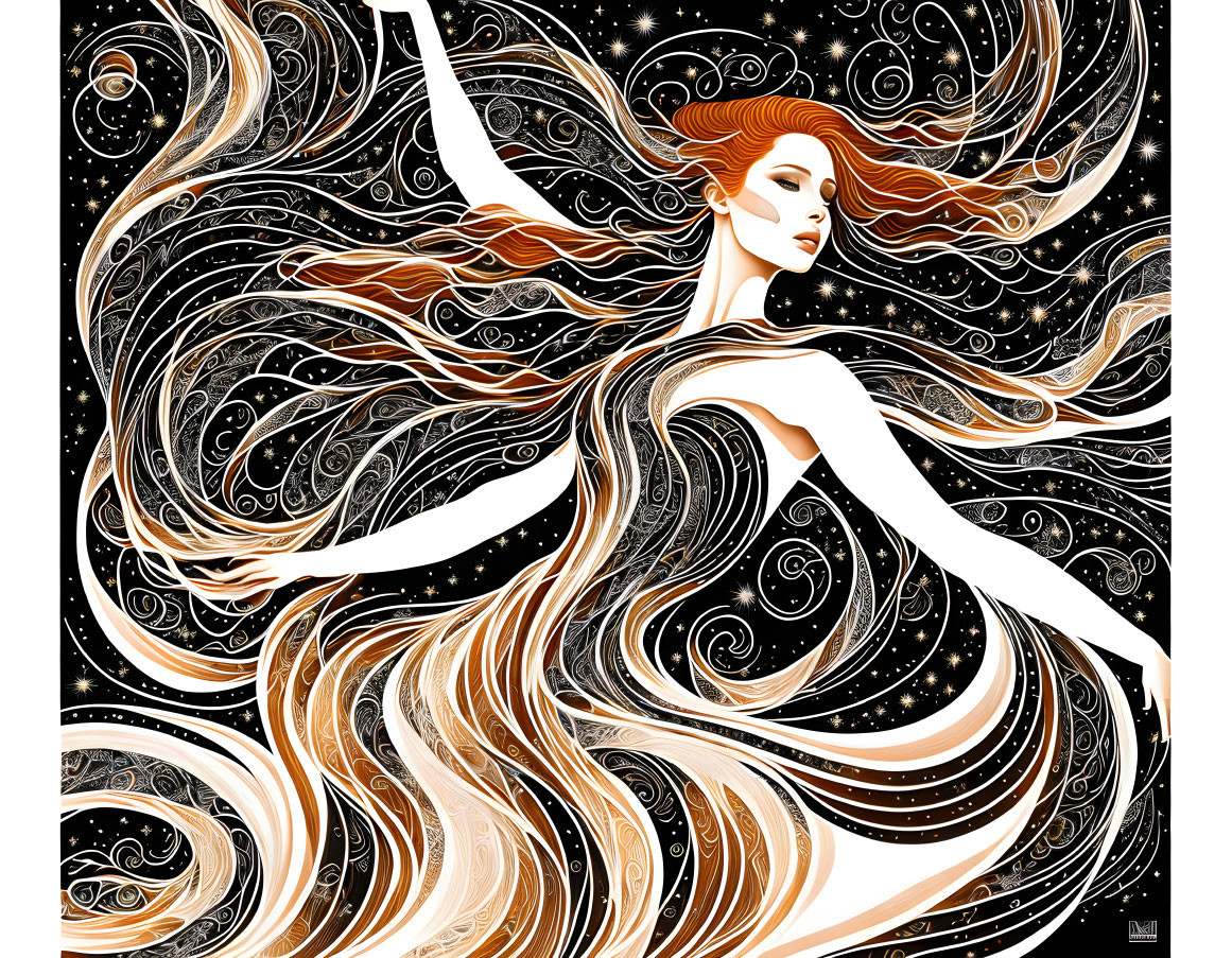 Illustration of woman merging with starry night sky in celestial theme