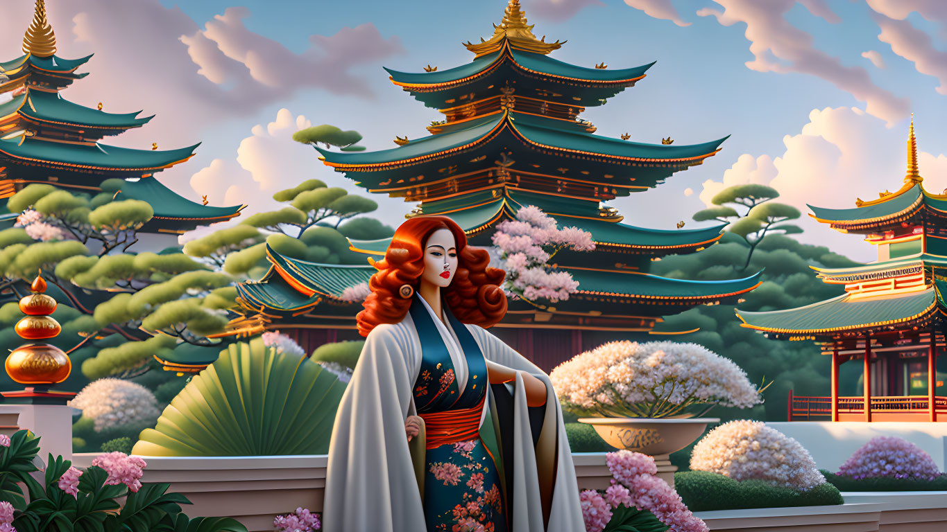 Illustrated woman in traditional attire at pagodas in lush scenery