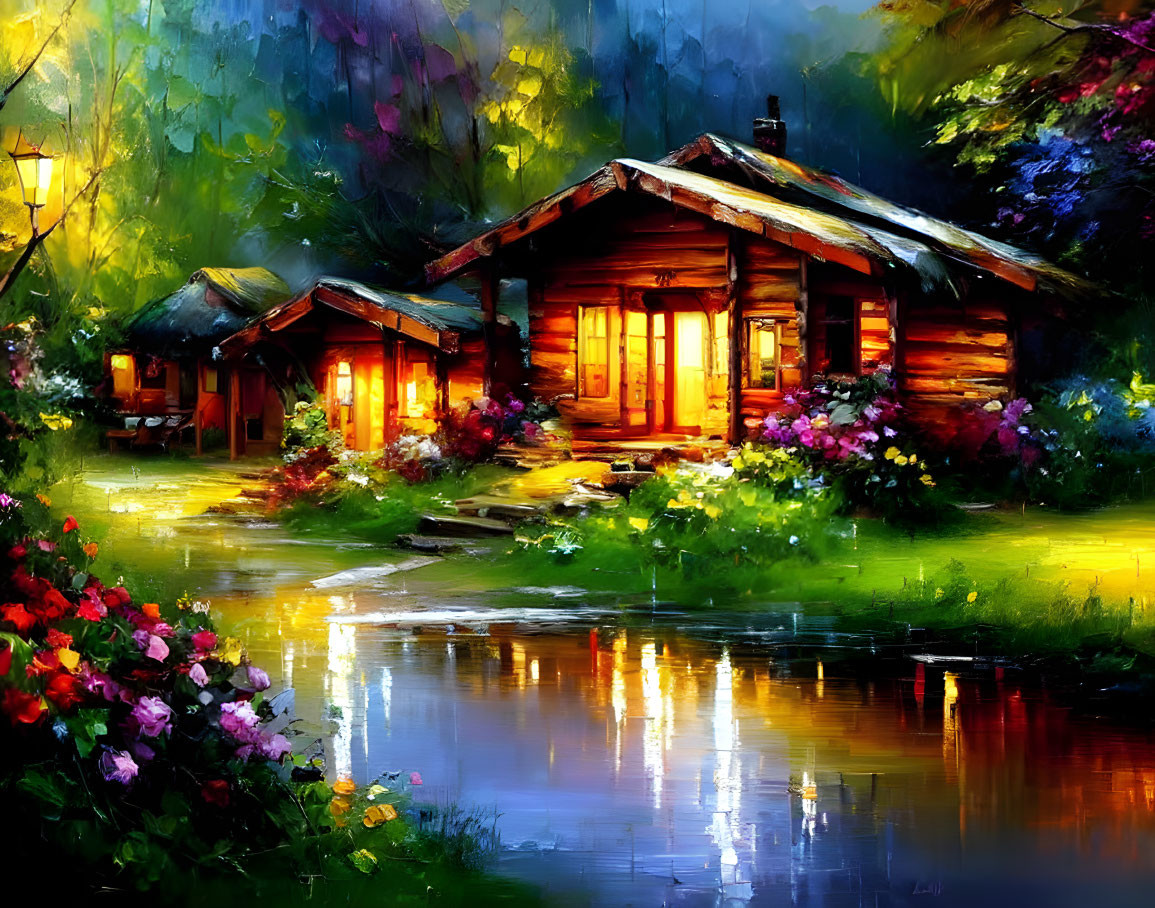 Tranquil pond cabins surrounded by lush greenery and colorful flowers at dusk