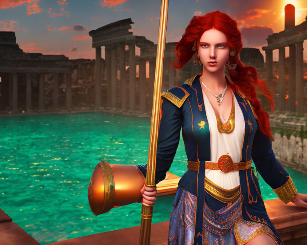 Red-haired woman in blue & gold admiral outfit with telescope near water and ancient ruins