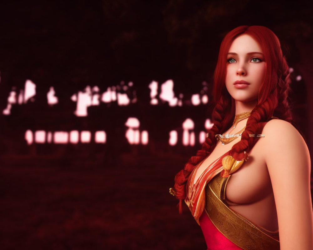 Digital artwork of woman with red hair and braids in red and gold outfit against neon-lit backdrop