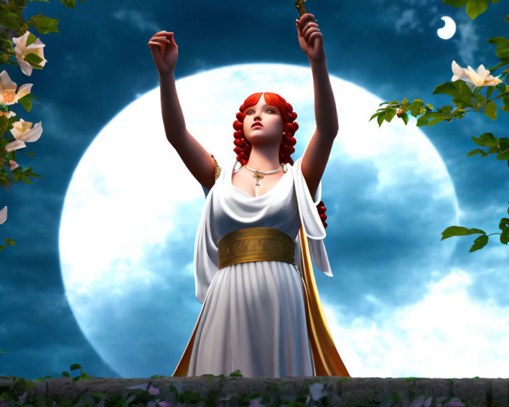 Digital Art: Red-Haired Woman with Gold Sword under Full Moon