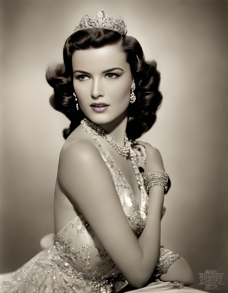 Elegant vintage portrait of woman in Hollywood fashion with tiara, earrings, bracelets, sequined gown