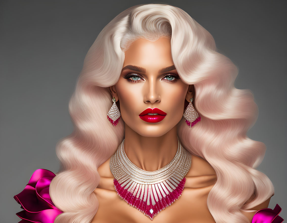 Digital Artwork Featuring Woman with Blonde Curls and Striking Makeup